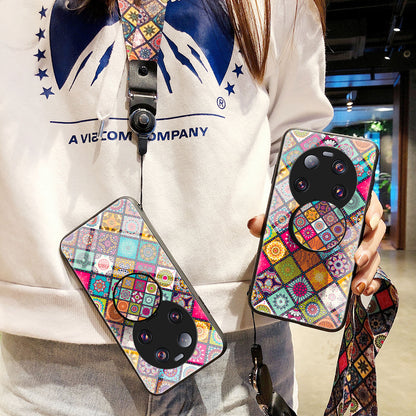 PC+TPU+Tempered Glass Kickstand Case for Xiaomi 13 Ultra , Flower Pattern Smartphone Cover with Lanyard