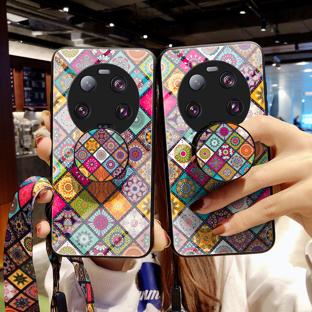 PC+TPU+Tempered Glass Kickstand Case for Xiaomi 13 Ultra , Flower Pattern Smartphone Cover with Lanyard