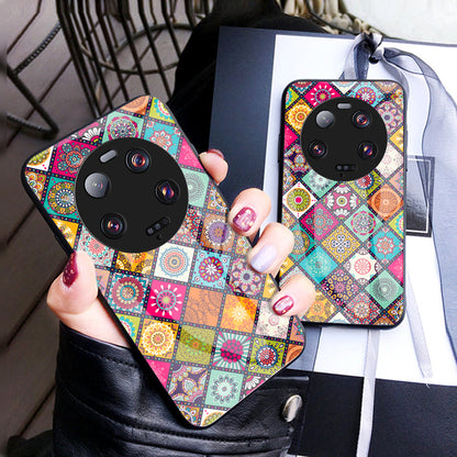 PC+TPU+Tempered Glass Kickstand Case for Xiaomi 13 Ultra , Flower Pattern Smartphone Cover with Lanyard