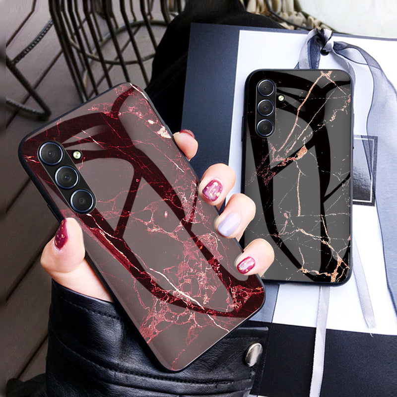 For Samsung Galaxy M54 5G / F54 5G Marble Pattern Phone Case Tempered Glass+PC+TPU Anti-Drop Cover