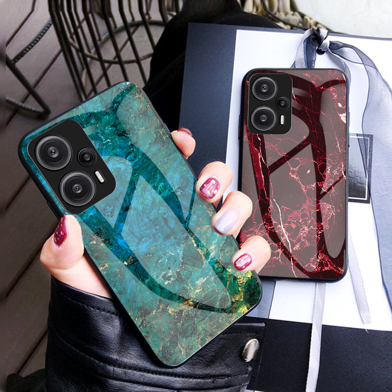 For Xiaomi Redmi Note 12 Turbo / Poco F5 5G Anti-Drop Phone Case Marble Pattern Tempered Glass+PC+TPU Cover