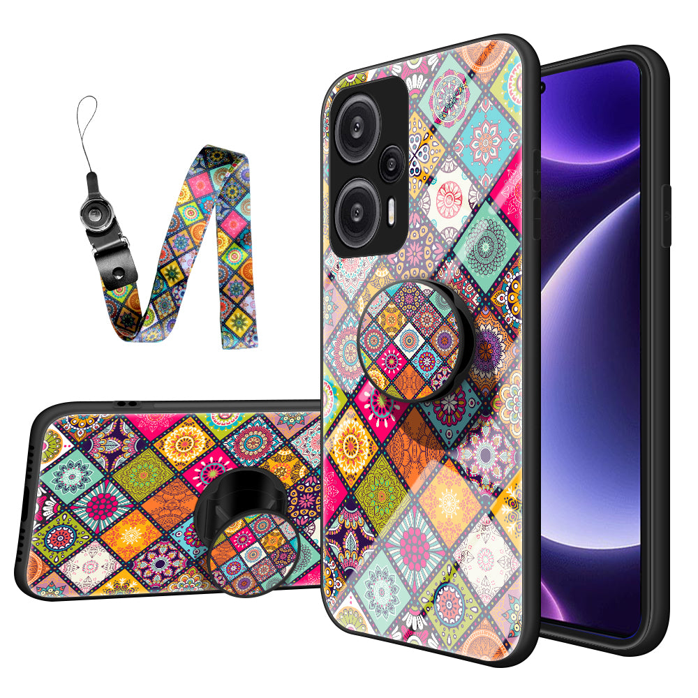 For Xiaomi Redmi Note 12 Turbo / Poco F5 5G Phone Cover Kickstand PC+TPU+Tempered Glass Flower Pattern Case