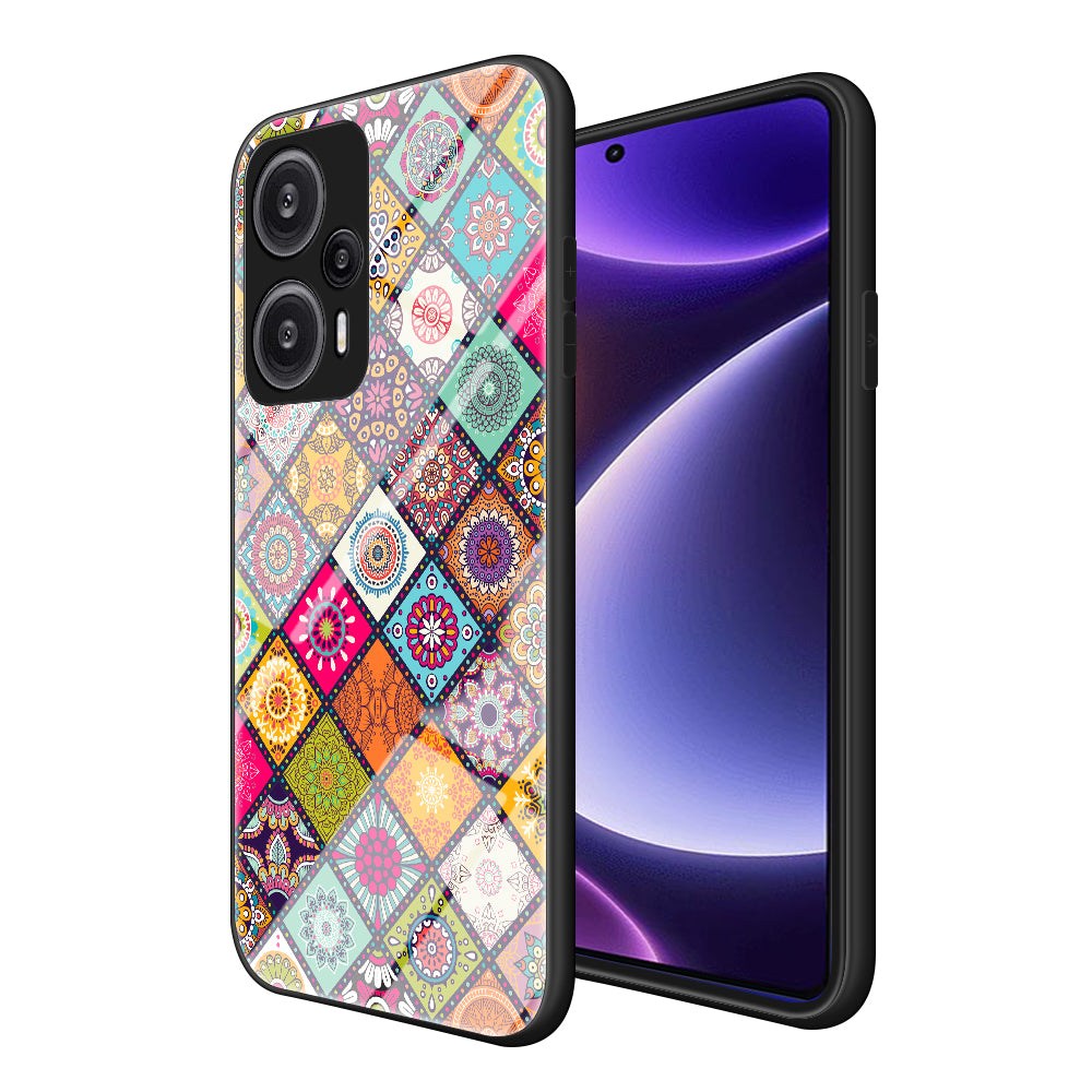 For Xiaomi Redmi Note 12 Turbo / Poco F5 5G Phone Cover Kickstand PC+TPU+Tempered Glass Flower Pattern Case