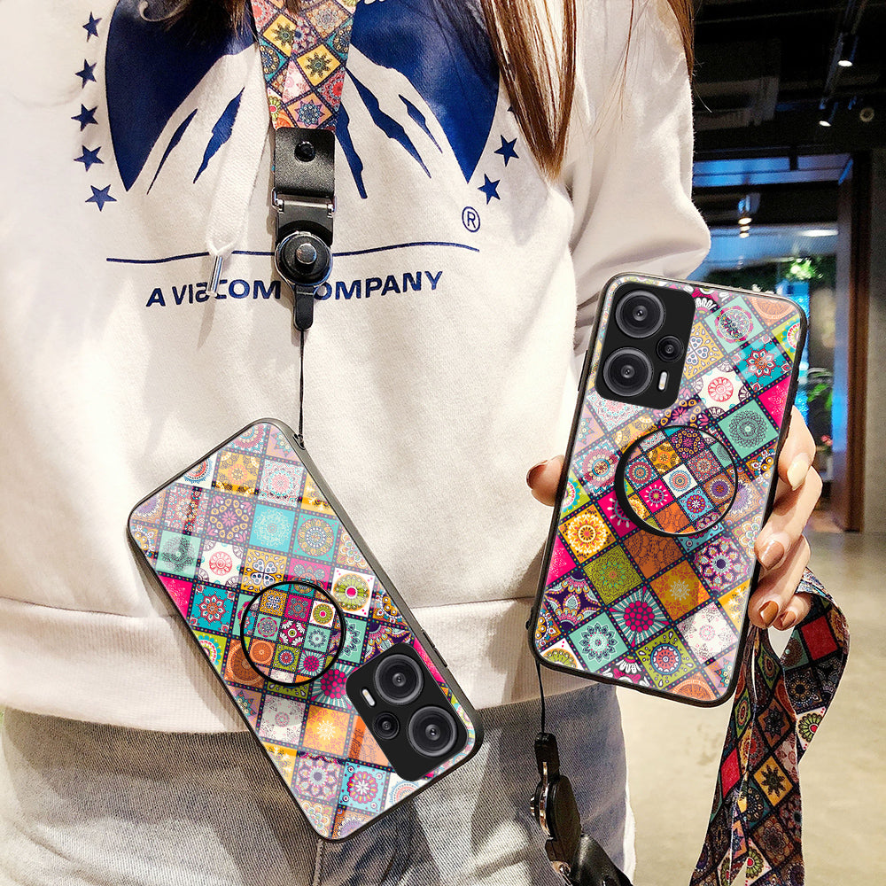 For Xiaomi Redmi Note 12 Turbo / Poco F5 5G Phone Cover Kickstand PC+TPU+Tempered Glass Flower Pattern Case