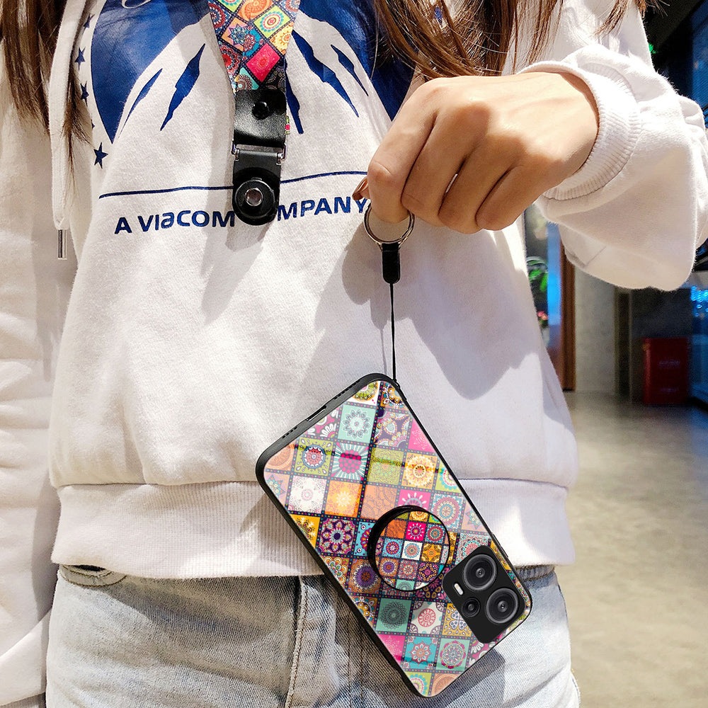 For Xiaomi Redmi Note 12 Turbo / Poco F5 5G Phone Cover Kickstand PC+TPU+Tempered Glass Flower Pattern Case