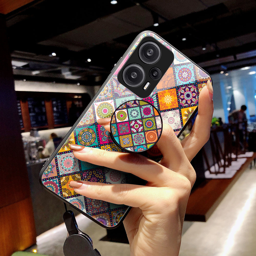 For Xiaomi Redmi Note 12 Turbo / Poco F5 5G Phone Cover Kickstand PC+TPU+Tempered Glass Flower Pattern Case