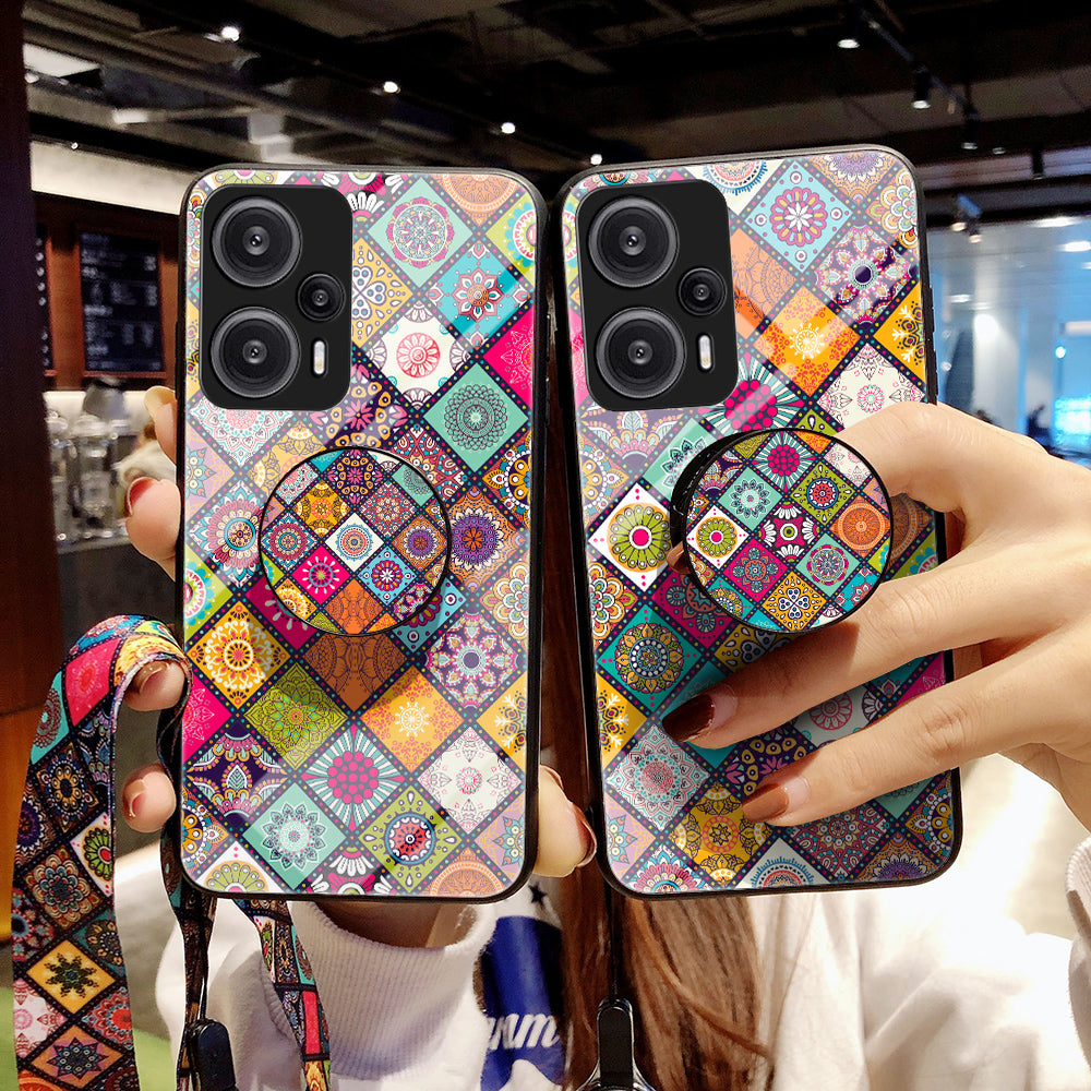 For Xiaomi Redmi Note 12 Turbo / Poco F5 5G Phone Cover Kickstand PC+TPU+Tempered Glass Flower Pattern Case