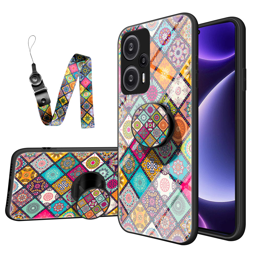 For Xiaomi Redmi Note 12 Turbo / Poco F5 5G Phone Cover Kickstand PC+TPU+Tempered Glass Flower Pattern Case