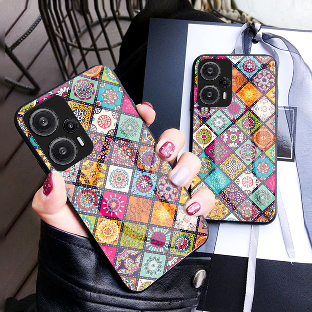 For Xiaomi Redmi Note 12 Turbo / Poco F5 5G Phone Cover Kickstand PC+TPU+Tempered Glass Flower Pattern Case