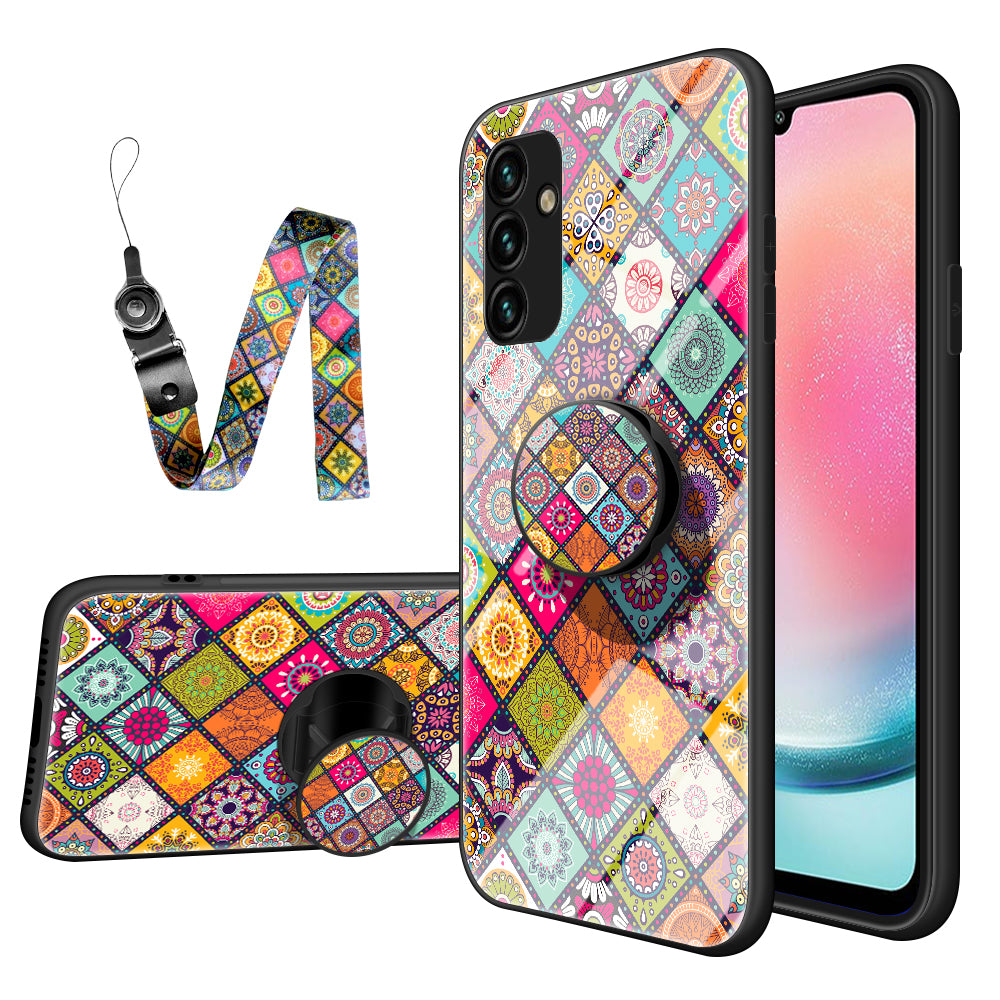 Kickstand Case for Samsung Galaxy A24 4G Flower Pattern PC+TPU+Tempered Glass Phone Cover with Lanyard