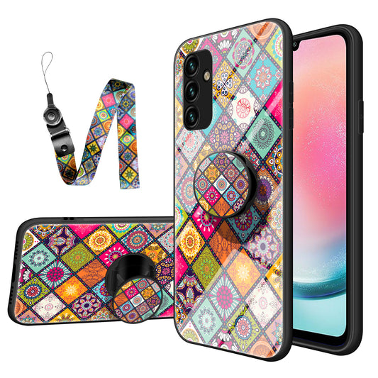 Kickstand Case for Samsung Galaxy A24 4G Flower Pattern PC+TPU+Tempered Glass Phone Cover with Lanyard