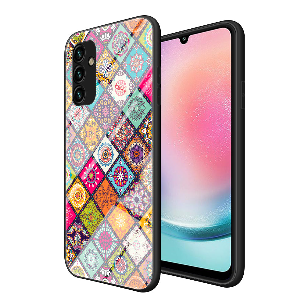 Kickstand Case for Samsung Galaxy A24 4G Flower Pattern PC+TPU+Tempered Glass Phone Cover with Lanyard