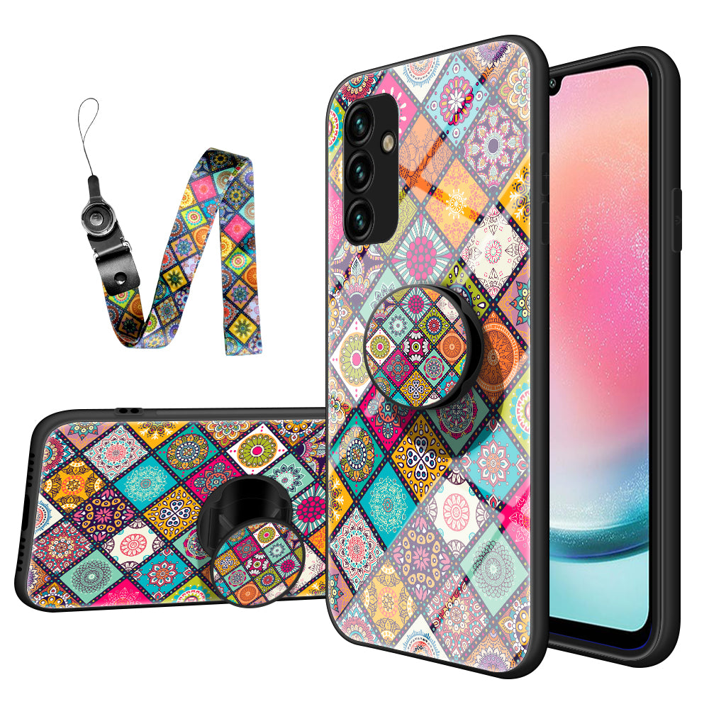 Kickstand Case for Samsung Galaxy A24 4G Flower Pattern PC+TPU+Tempered Glass Phone Cover with Lanyard