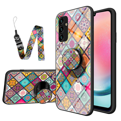 Kickstand Case for Samsung Galaxy A24 4G Flower Pattern PC+TPU+Tempered Glass Phone Cover with Lanyard