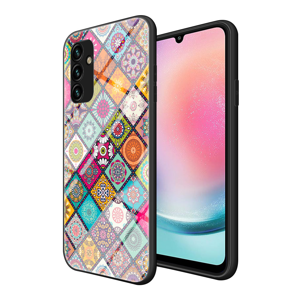 Kickstand Case for Samsung Galaxy A24 4G Flower Pattern PC+TPU+Tempered Glass Phone Cover with Lanyard