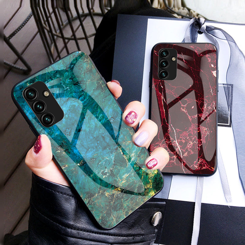 For Samsung Galaxy A24 4G Marble Pattern Shockproof Case Tempered Glass+PC+TPU Anti-Drop Phone Cover