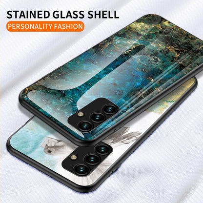 For Samsung Galaxy A24 4G Marble Pattern Shockproof Case Tempered Glass+PC+TPU Anti-Drop Phone Cover