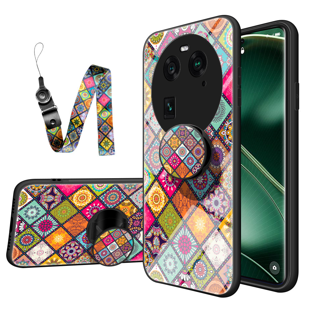PC+TPU+Tempered Glass Phone Case for Oppo Find X6 , Flower Pattern Kickstand Cover with Lanyard