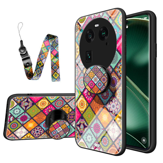 PC+TPU+Tempered Glass Phone Case for Oppo Find X6 , Flower Pattern Kickstand Cover with Lanyard