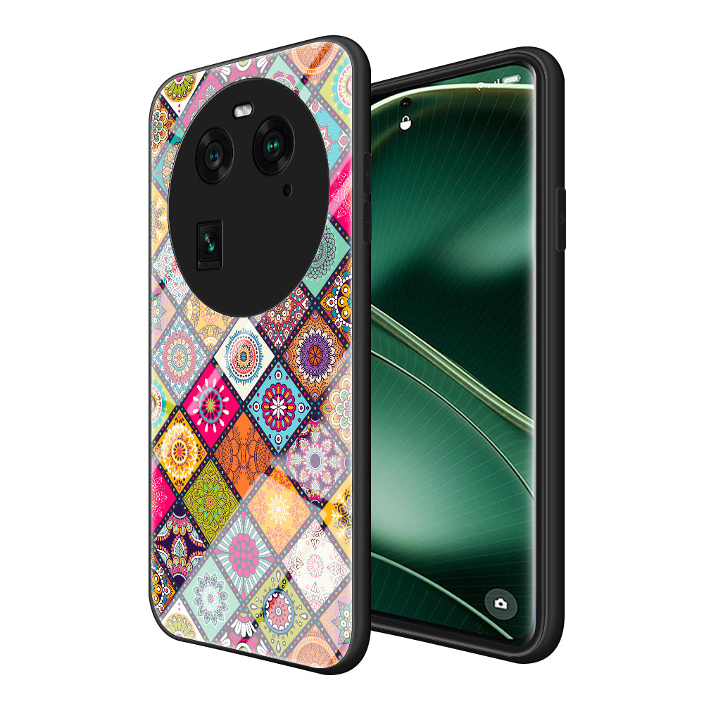 PC+TPU+Tempered Glass Phone Case for Oppo Find X6 , Flower Pattern Kickstand Cover with Lanyard
