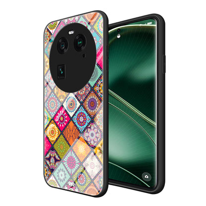 PC+TPU+Tempered Glass Phone Case for Oppo Find X6 , Flower Pattern Kickstand Cover with Lanyard