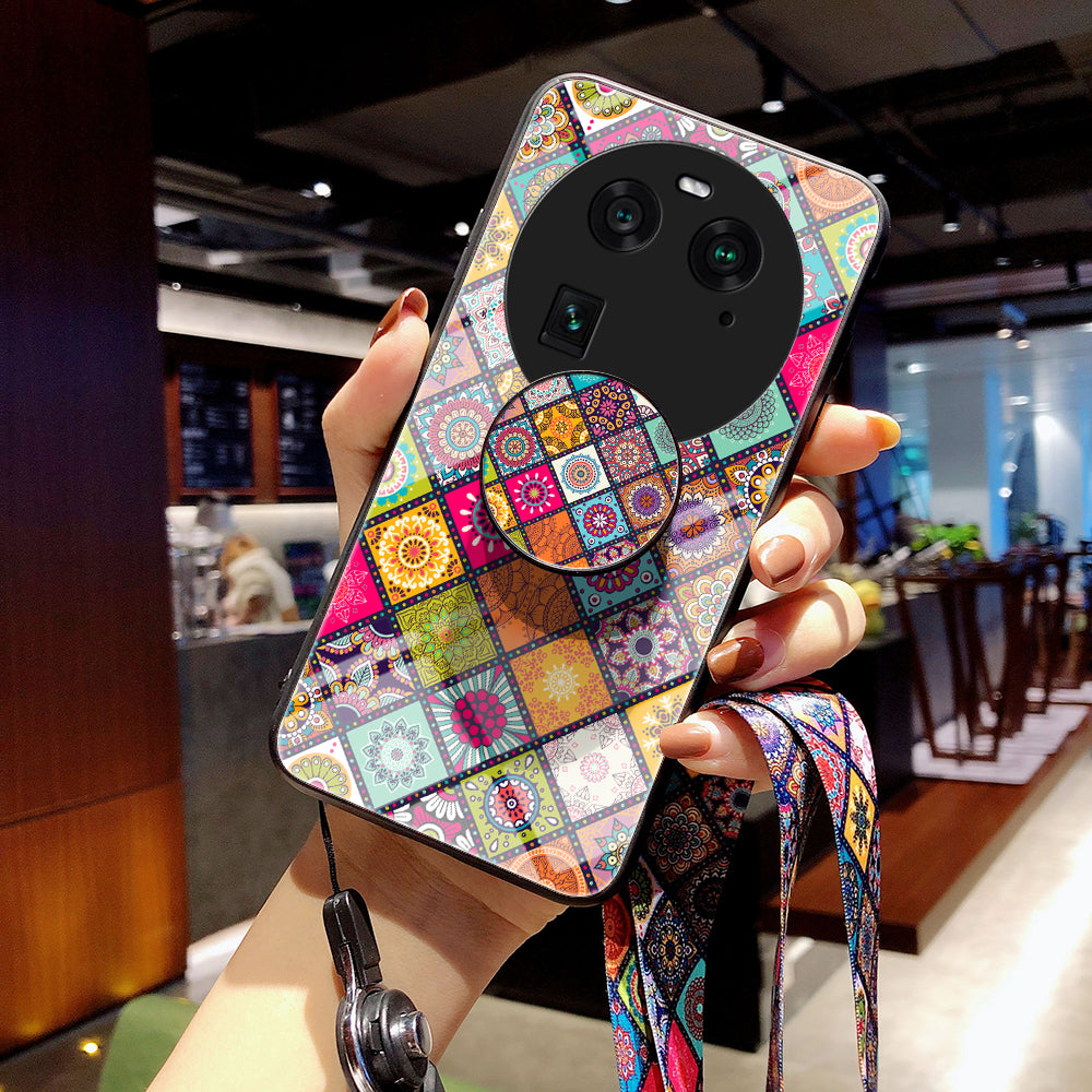 PC+TPU+Tempered Glass Phone Case for Oppo Find X6 , Flower Pattern Kickstand Cover with Lanyard