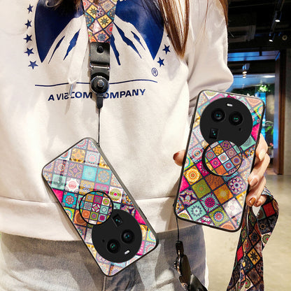 PC+TPU+Tempered Glass Phone Case for Oppo Find X6 , Flower Pattern Kickstand Cover with Lanyard