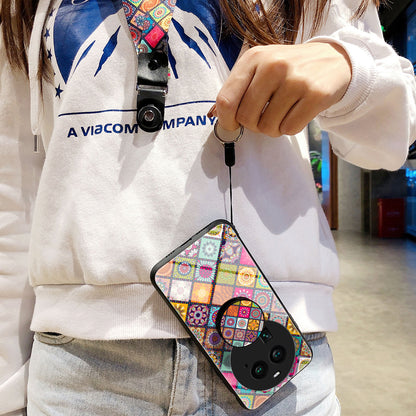 PC+TPU+Tempered Glass Phone Case for Oppo Find X6 , Flower Pattern Kickstand Cover with Lanyard