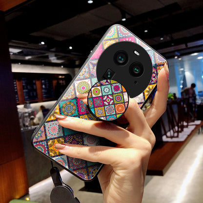 PC+TPU+Tempered Glass Phone Case for Oppo Find X6 , Flower Pattern Kickstand Cover with Lanyard