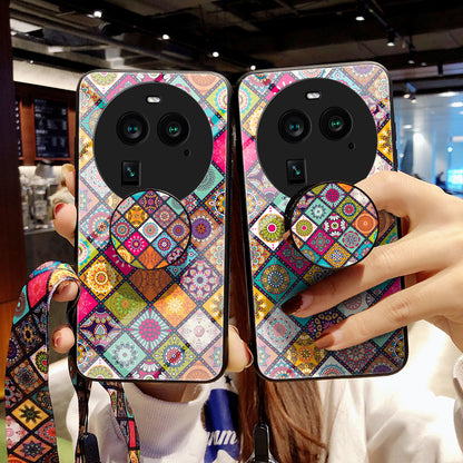 PC+TPU+Tempered Glass Phone Case for Oppo Find X6 , Flower Pattern Kickstand Cover with Lanyard