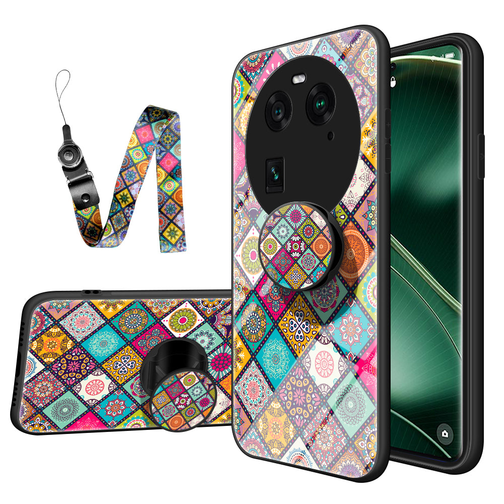 PC+TPU+Tempered Glass Phone Case for Oppo Find X6 , Flower Pattern Kickstand Cover with Lanyard