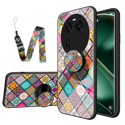 PC+TPU+Tempered Glass Phone Case for Oppo Find X6 , Flower Pattern Kickstand Cover with Lanyard