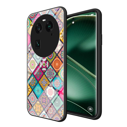PC+TPU+Tempered Glass Phone Case for Oppo Find X6 , Flower Pattern Kickstand Cover with Lanyard