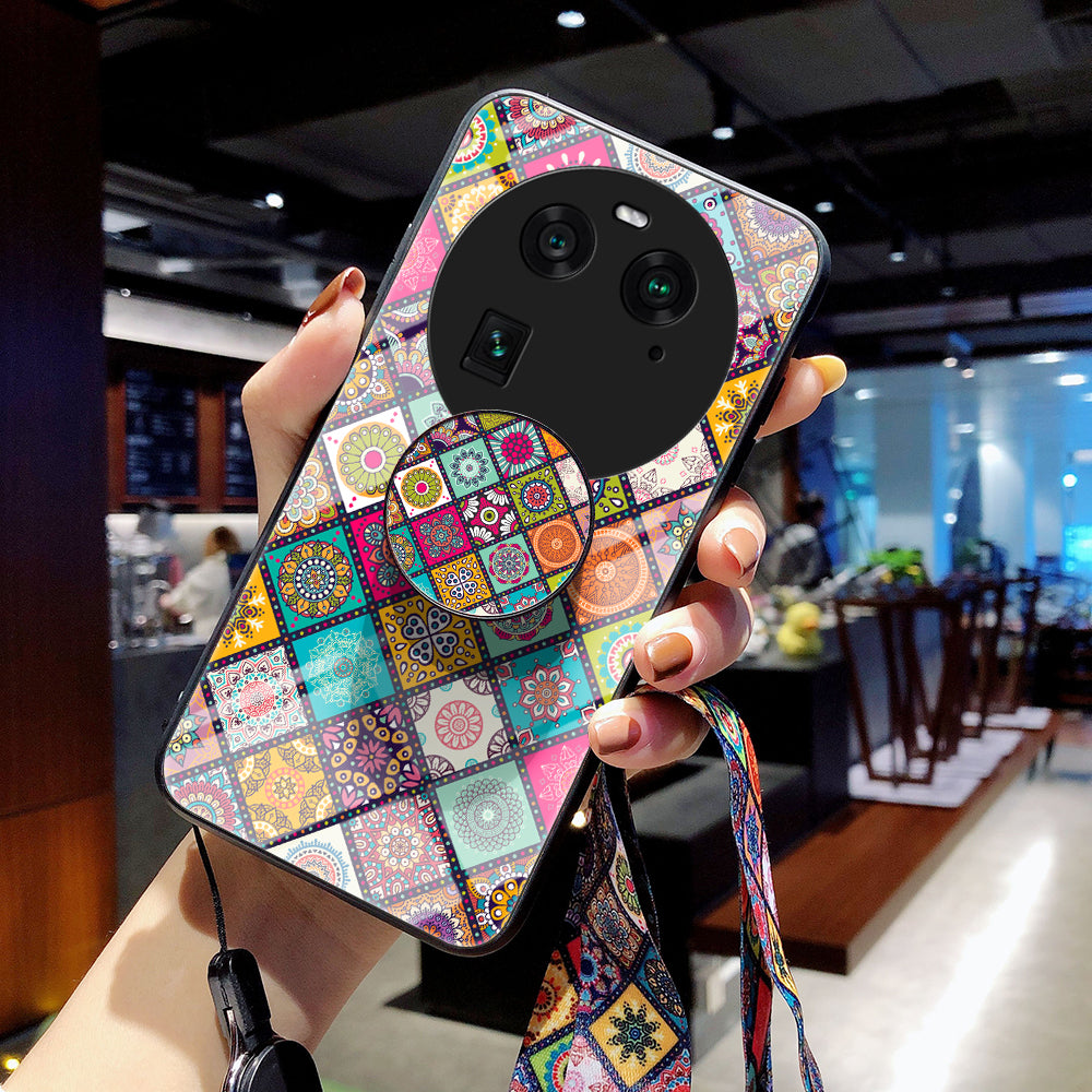 PC+TPU+Tempered Glass Phone Case for Oppo Find X6 , Flower Pattern Kickstand Cover with Lanyard