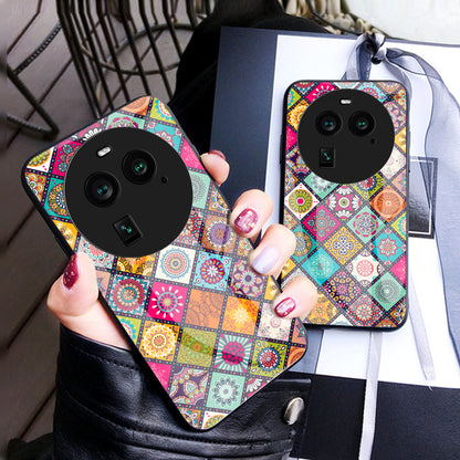 PC+TPU+Tempered Glass Phone Case for Oppo Find X6 , Flower Pattern Kickstand Cover with Lanyard