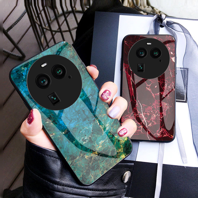 For Oppo Find X6 Tempered Glass Marble Pattern Phone Case PC+TPU Anti-Scratch Cover