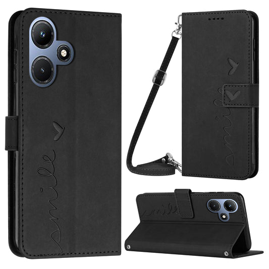 For Infinix Hot 30i Phone Cover Heart Imprint Leather Wallet Stand Phone Case with Shoulder Strap