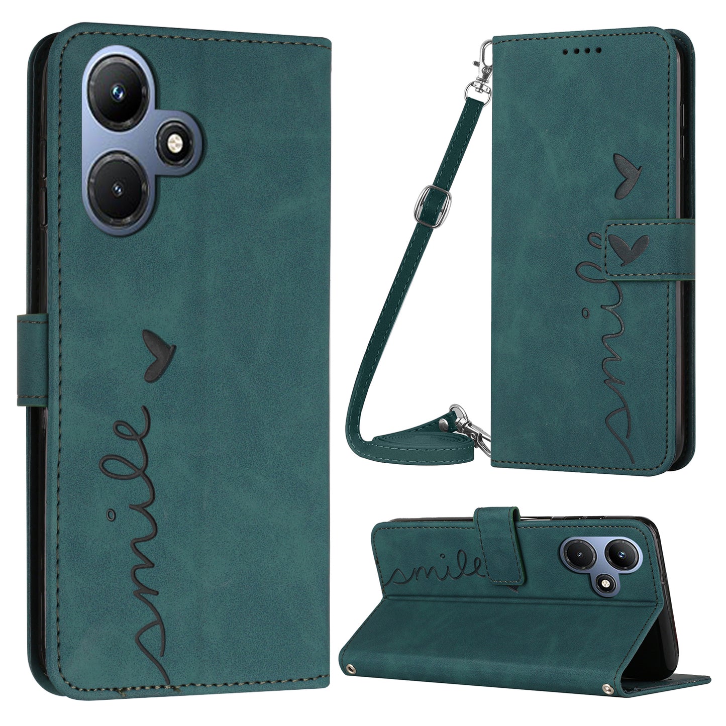 For Infinix Hot 30i Phone Cover Heart Imprint Leather Wallet Stand Phone Case with Shoulder Strap