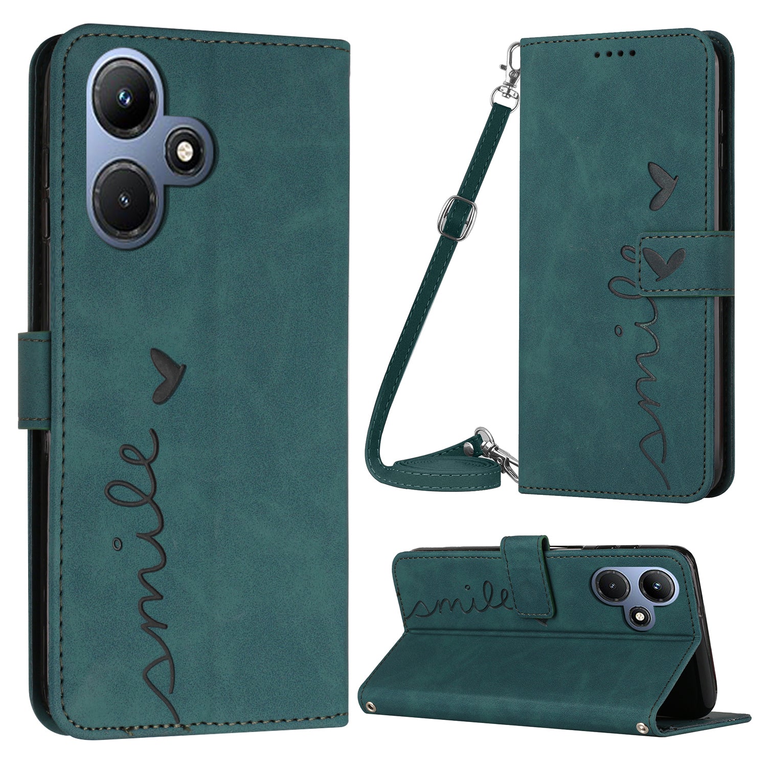 For Infinix Hot 30i Phone Cover Heart Imprint Leather Wallet Stand Phone Case with Shoulder Strap