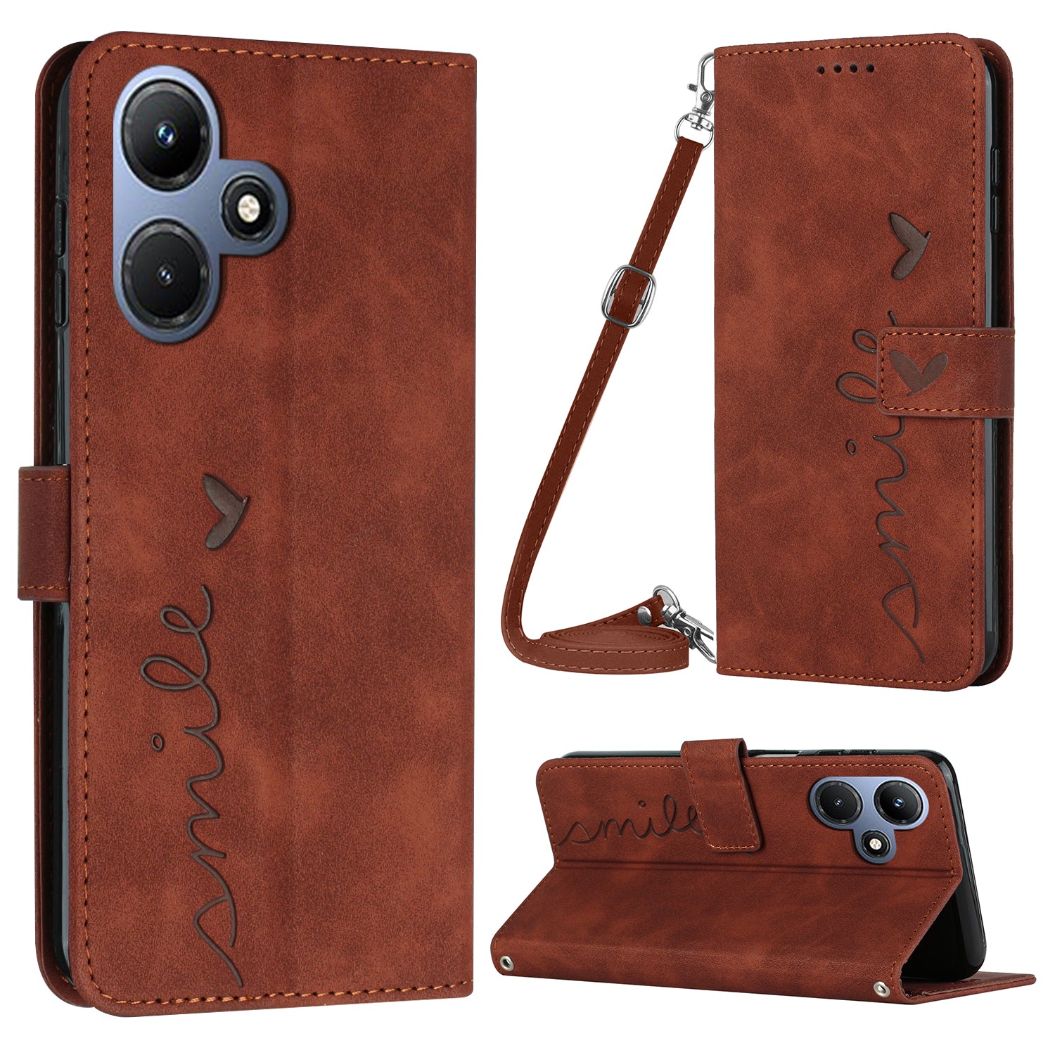 For Infinix Hot 30i Phone Cover Heart Imprint Leather Wallet Stand Phone Case with Shoulder Strap