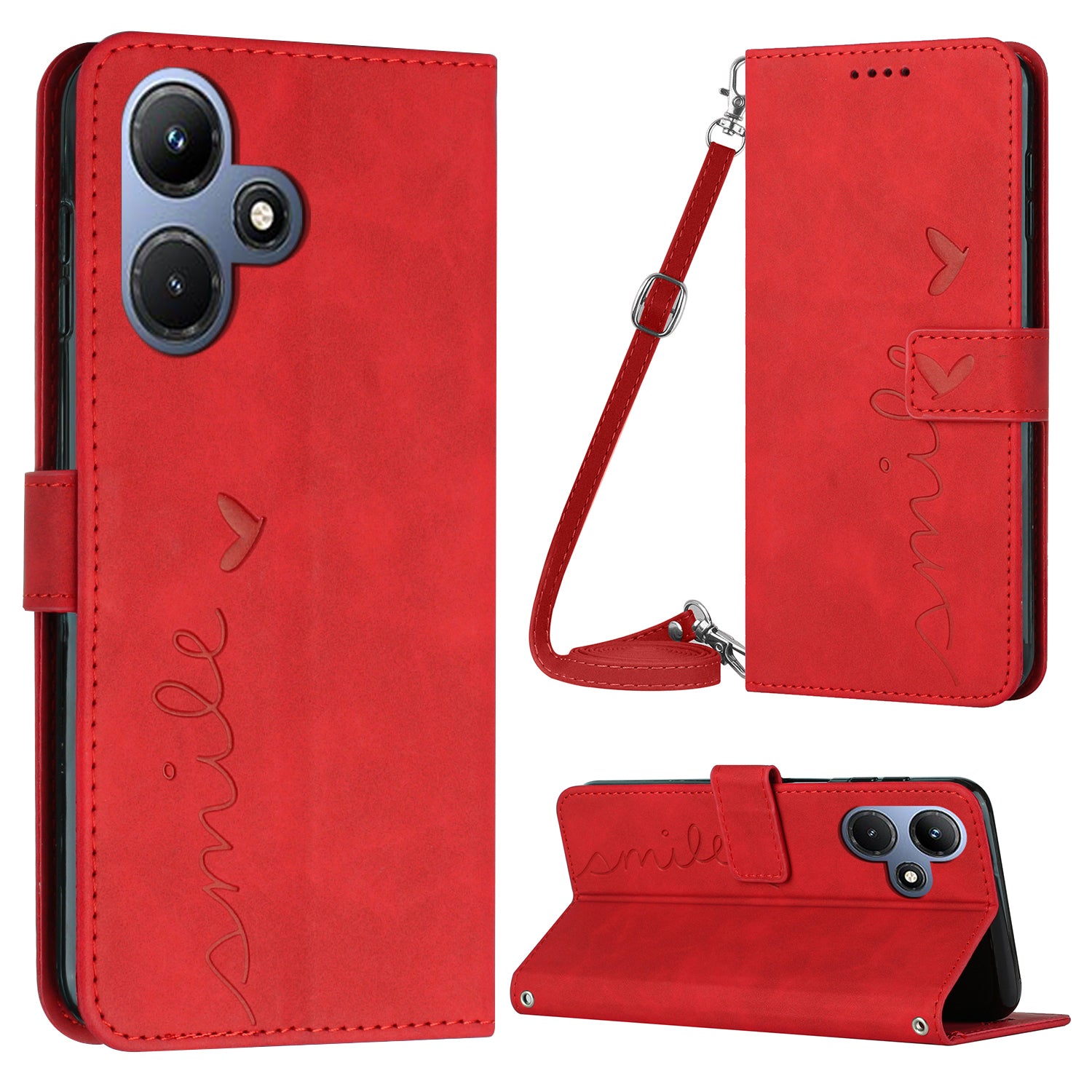 For Infinix Hot 30i Phone Cover Heart Imprint Leather Wallet Stand Phone Case with Shoulder Strap