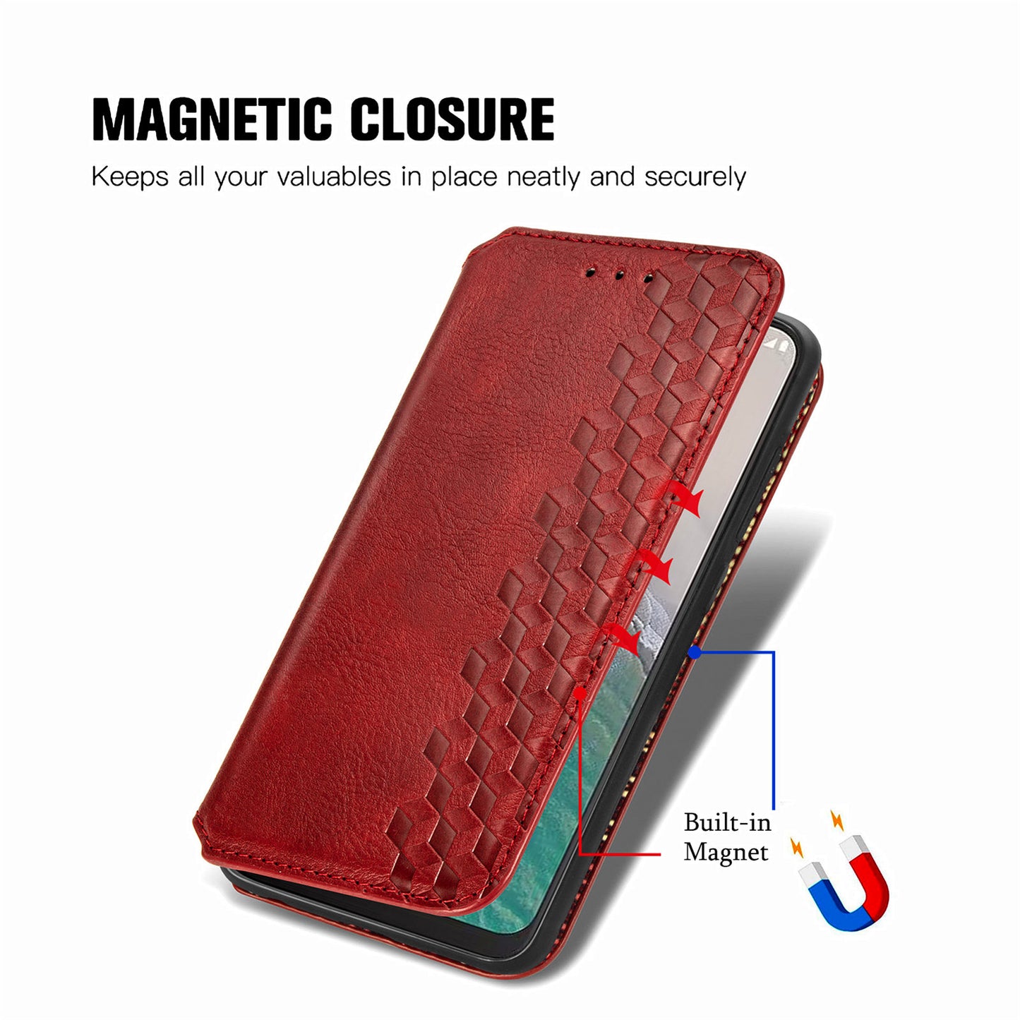 For Nokia C32 Anti-Scratch Phone Shell Case Rhombus Imprint Shockproof Leather Wallet Stand Cover