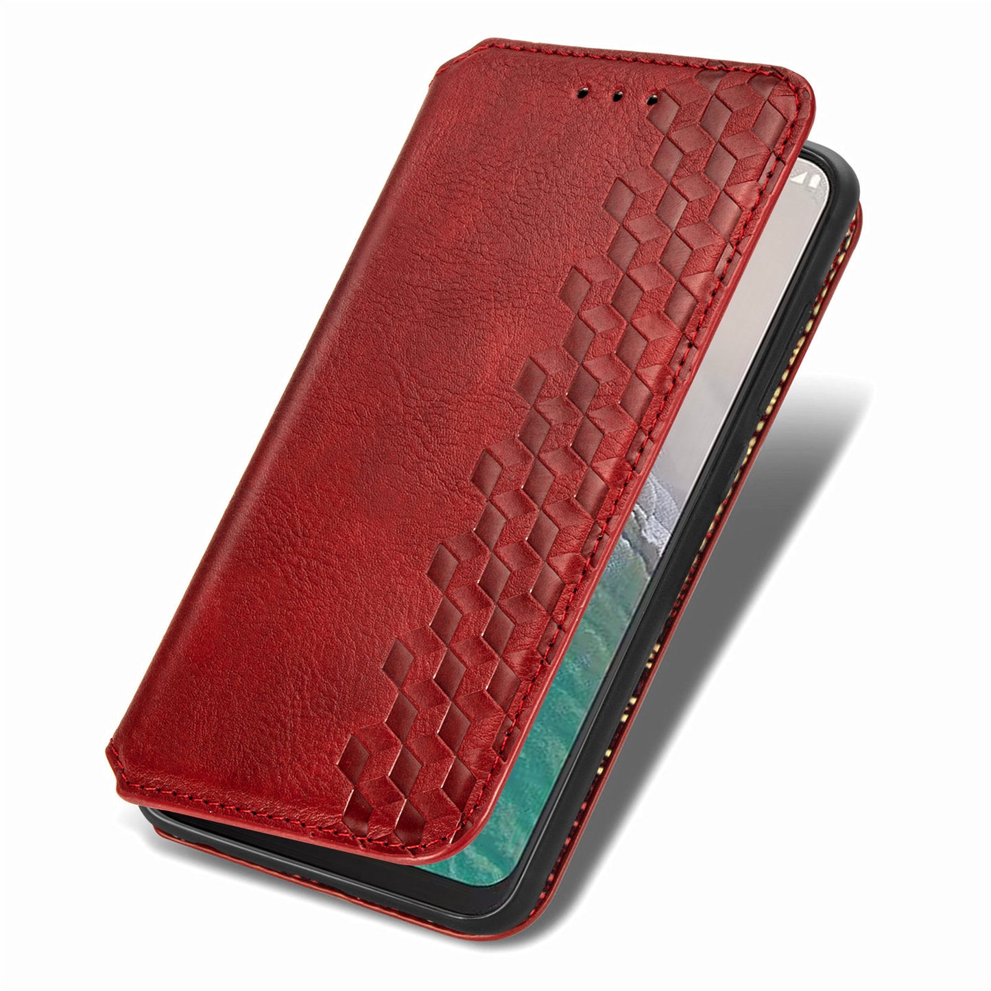 For Nokia C32 Anti-Scratch Phone Shell Case Rhombus Imprint Shockproof Leather Wallet Stand Cover