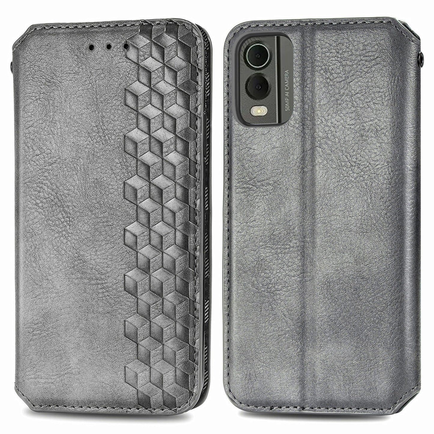 For Nokia C32 Anti-Scratch Phone Shell Case Rhombus Imprint Shockproof Leather Wallet Stand Cover