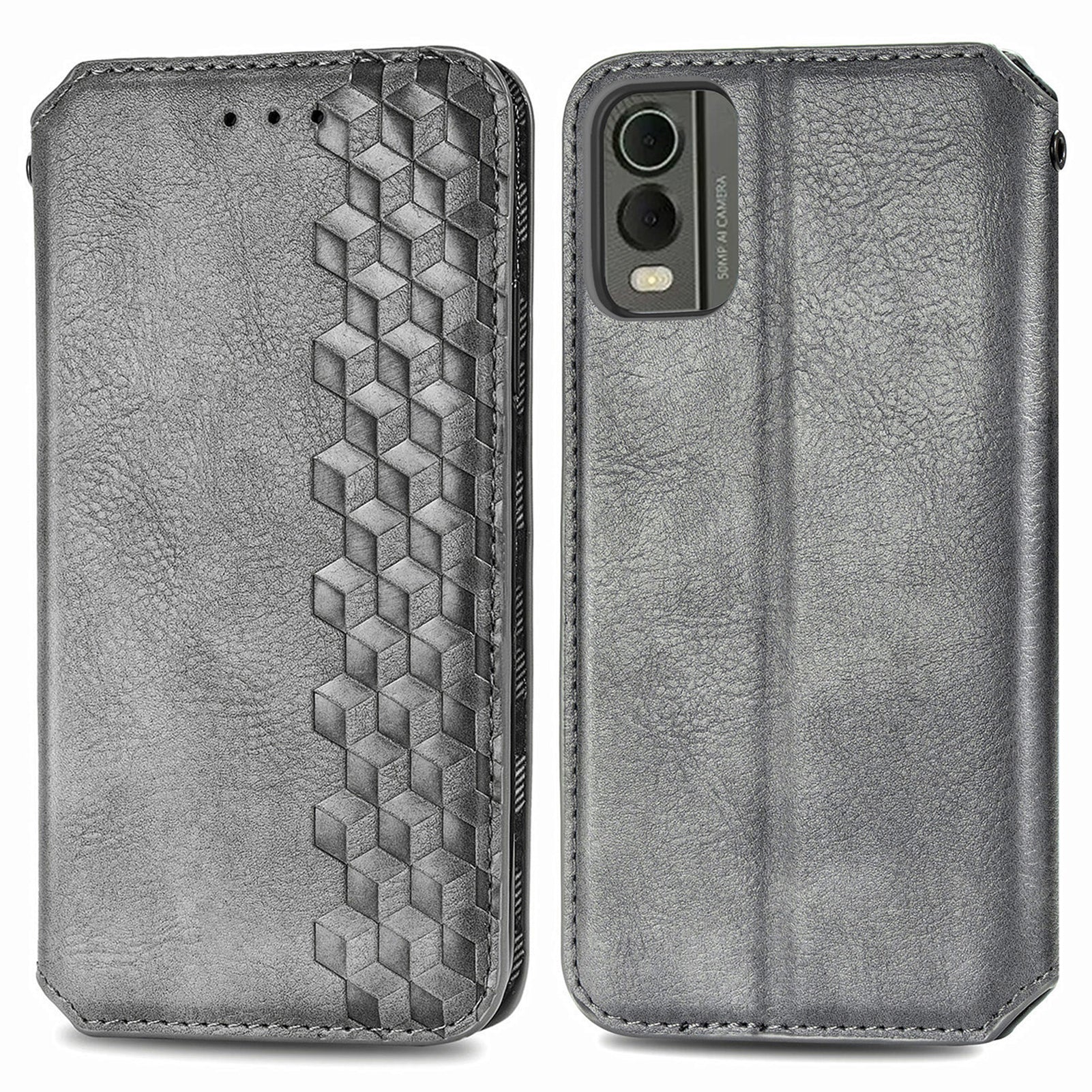For Nokia C32 Anti-Scratch Phone Shell Case Rhombus Imprint Shockproof Leather Wallet Stand Cover