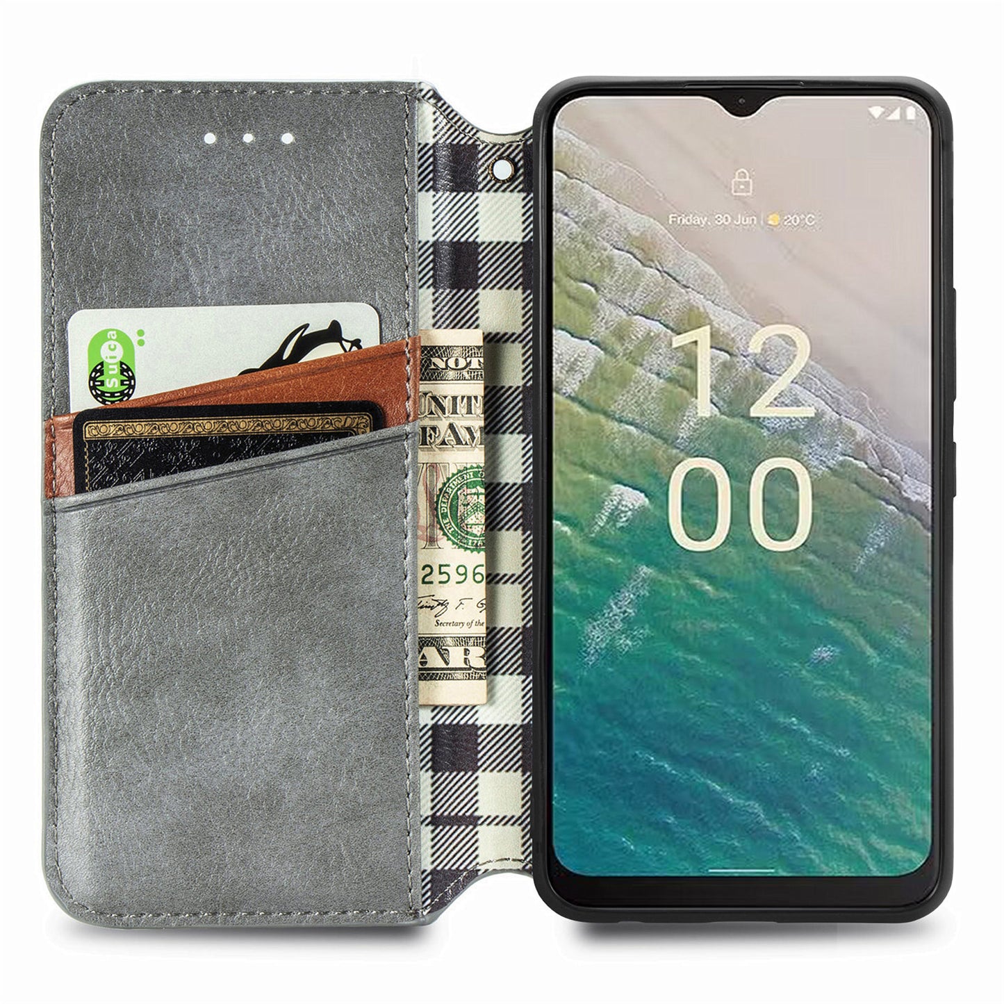 For Nokia C32 Anti-Scratch Phone Shell Case Rhombus Imprint Shockproof Leather Wallet Stand Cover