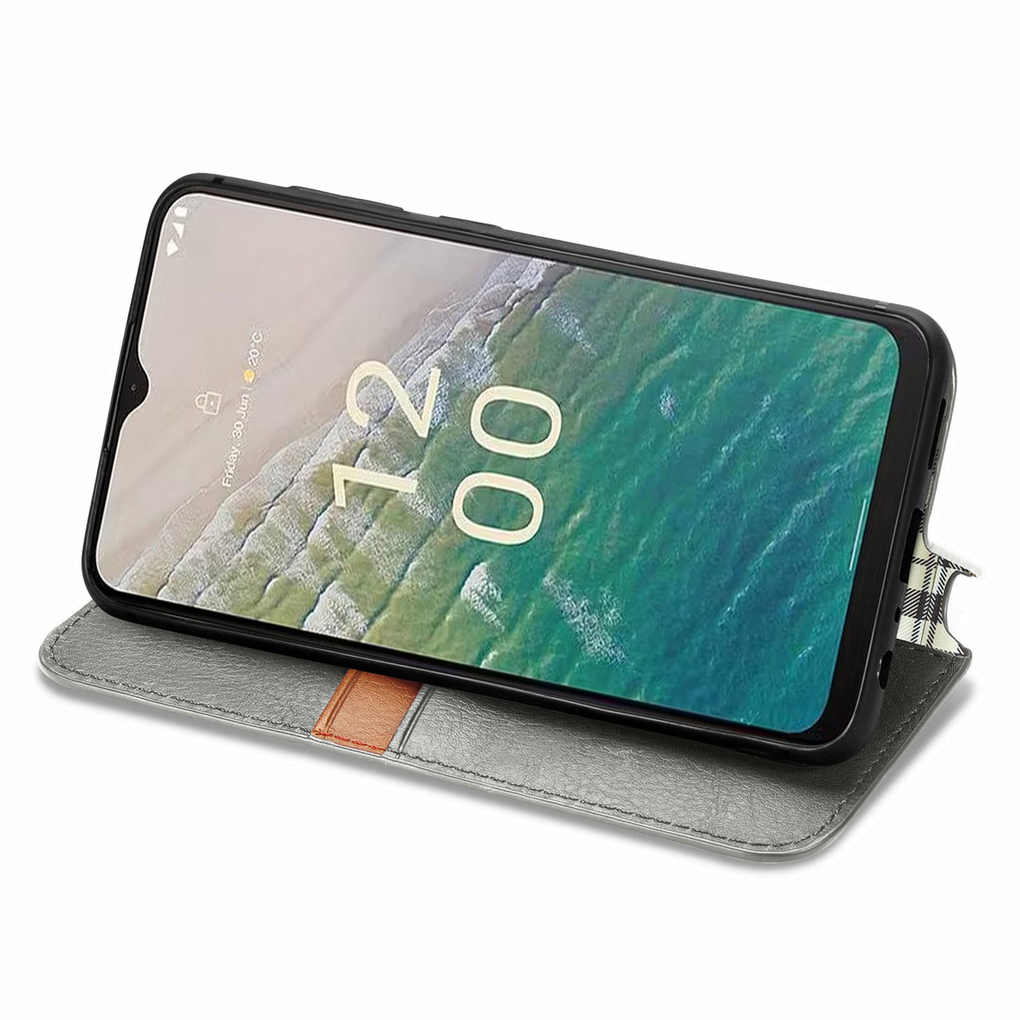 For Nokia C32 Anti-Scratch Phone Shell Case Rhombus Imprint Shockproof Leather Wallet Stand Cover