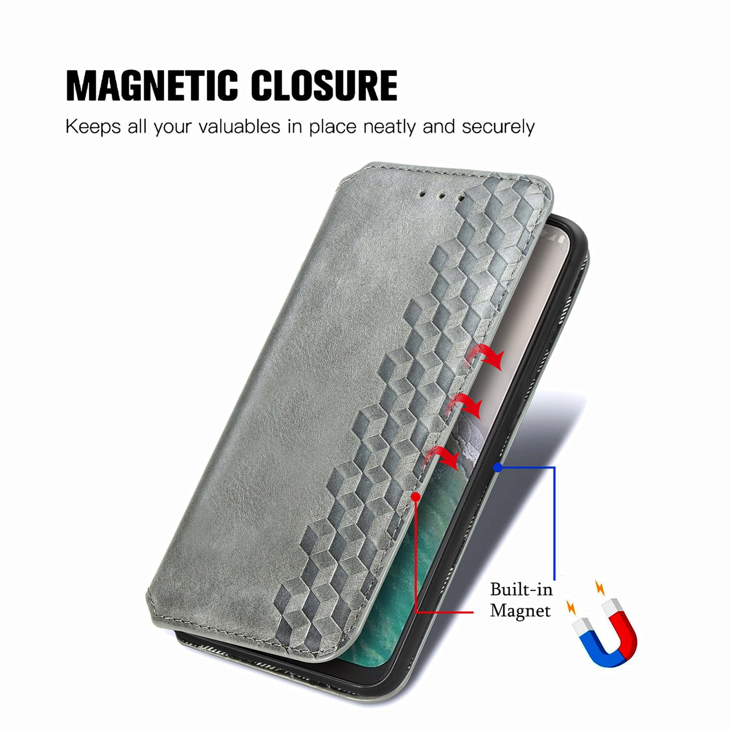 For Nokia C32 Anti-Scratch Phone Shell Case Rhombus Imprint Shockproof Leather Wallet Stand Cover
