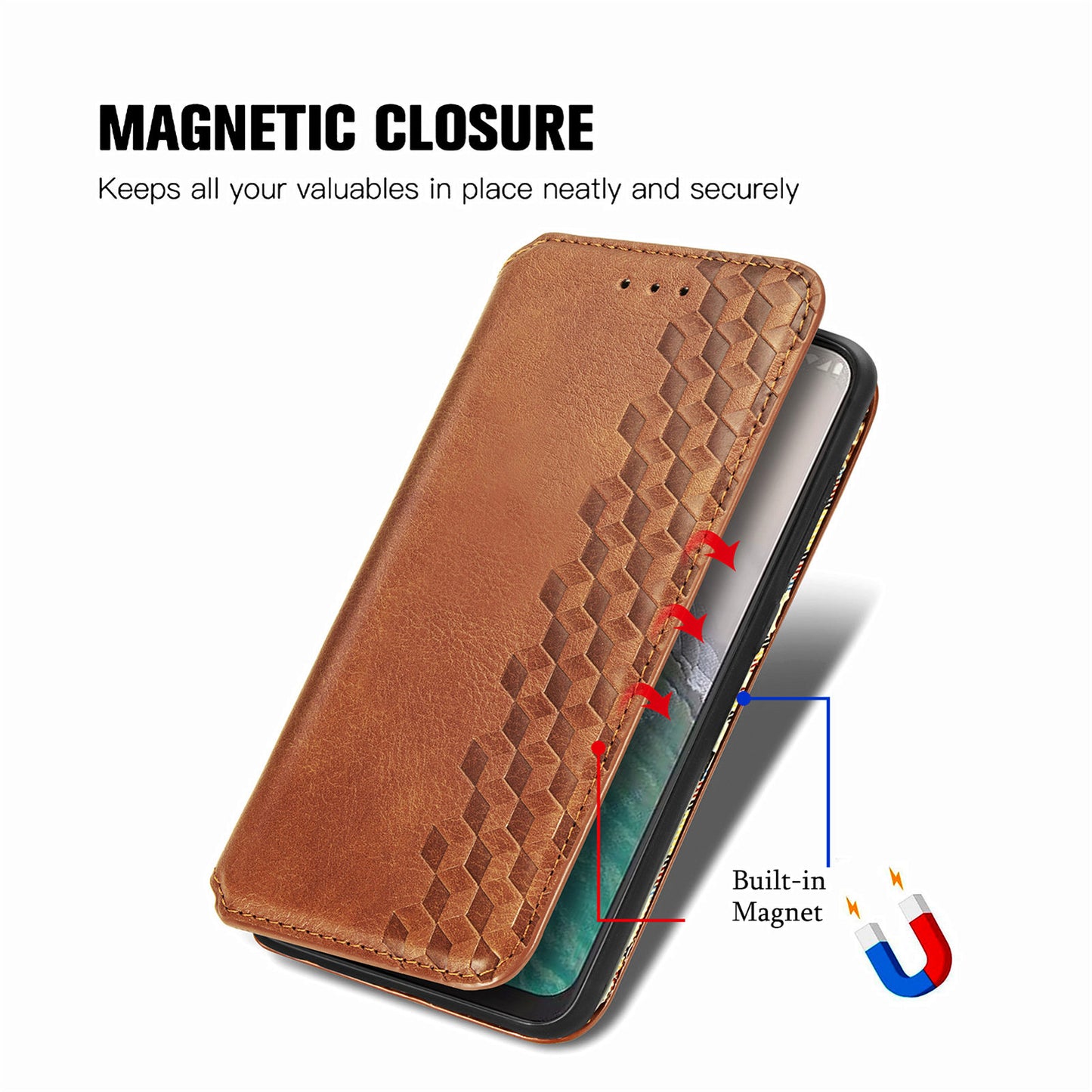 For Nokia C32 Anti-Scratch Phone Shell Case Rhombus Imprint Shockproof Leather Wallet Stand Cover