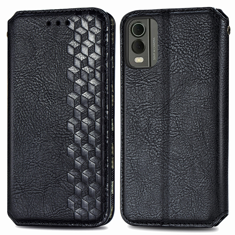 For Nokia C32 Anti-Scratch Phone Shell Case Rhombus Imprint Shockproof Leather Wallet Stand Cover